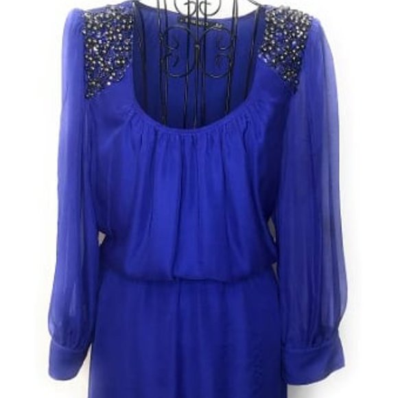Flowy Chiffon Blue Knee Length Long Sleeve Dress - Picture 2 of 6